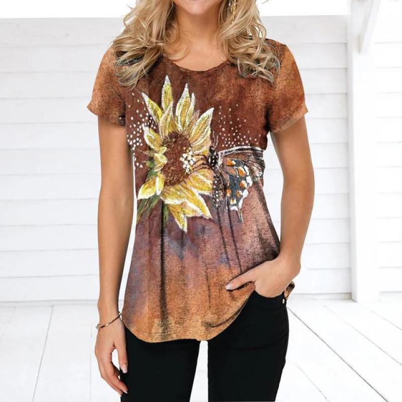 Летняя женская футболка в стиле ретро с цветочным принтом, повседневная повседневная футболка, обычный пуловер для женщин, женская одежда с коротким рукавом и круглым вырезом