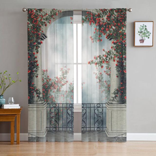 Arch Flowers Sea Printed Curtains Drape Sheer Tulle Home Decoration Living Room Bedroom Cortinas Chiffon Window Curtains