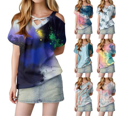 Женская футболка свободного покроя с открытыми плечами, V-образным вырезом и короткими рукавами, с градиентным принтом