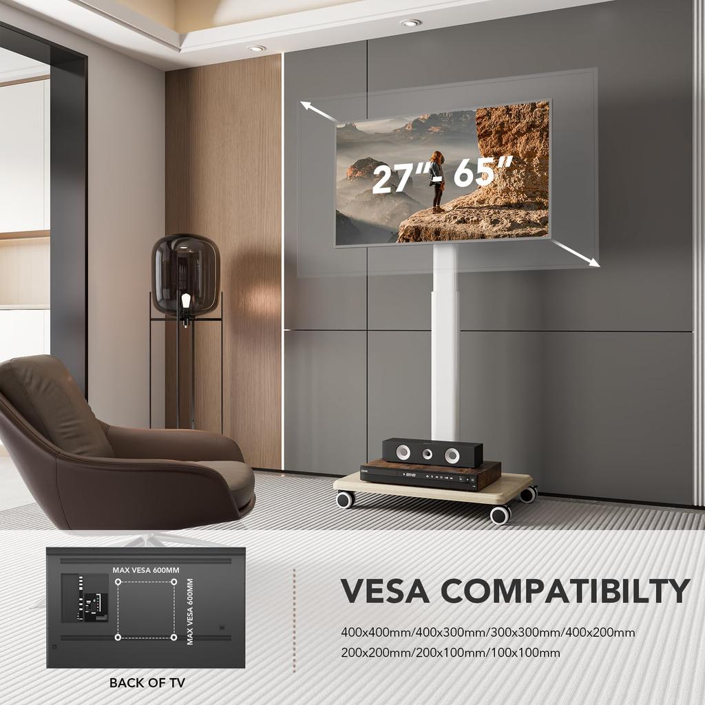 Мобильная подставка для телевизора от 27 до 65 дюймов, переносная тележка для телевизора на колесиках на высоких универсальных напольных стойках с поворотным креплением, регулируемым по высоте, изящное крепление для установки на пол