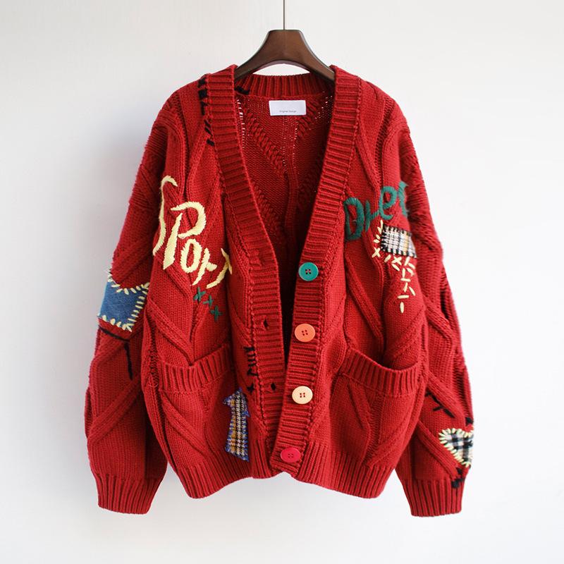 Autumn and Winter Women's Sweater Fashion Lazy Wind Embroidered Sweater Letter Design Loose Knitted Cardigan Jacket