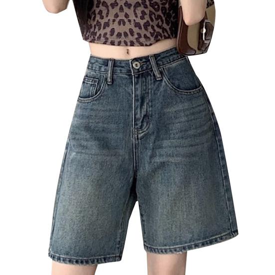 HWomen Denim Shorts High Waist Vintage Washed Straight Wide Leg Pure Color Button Zipper Closure Streetwear Knee Length Jeans Short Pants