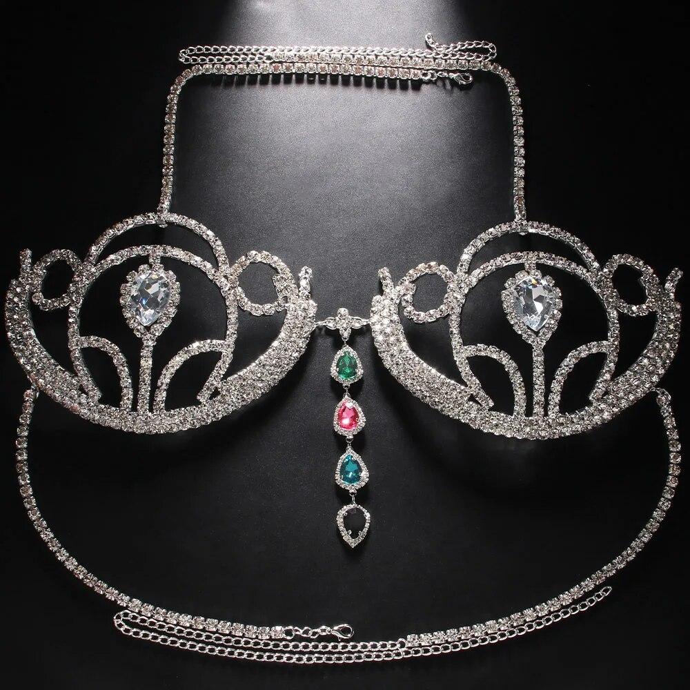 Beach Water Drop Chest Bracket Top Sexy Bikinis Body Accessories Nightclub Rave Bra Rhinestone Lingerie Jewelry for Women Dress Accessory