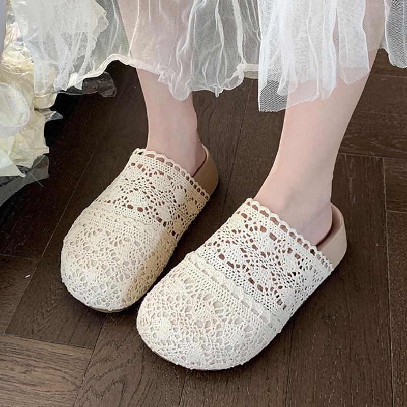 Lace Hollow Mesh Shoes with Skirt Comfortable Non-slip Slippers 2025 Summer New Thick-soled Bag Head Sandals Outside