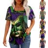 T Shirts For Women Pleated Square Neck Dressy Casual Blouses Printing Short Sleeve Summer Tops Loose Fit