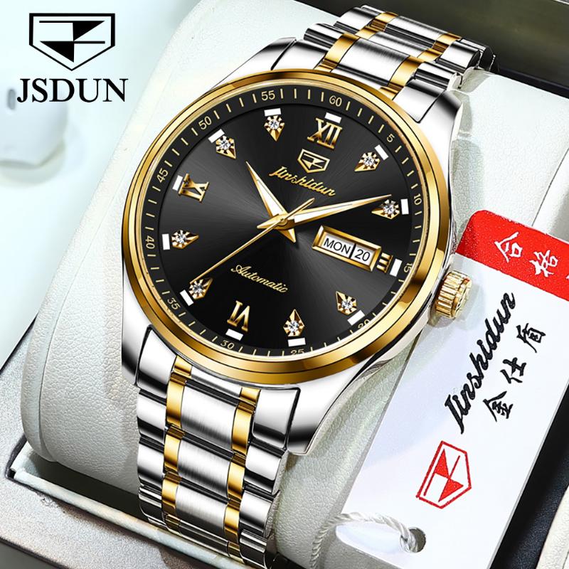 JINSHIDUN Новые деловые и развлекательные мужские часы, полностью автоматические механические часы с двойным календарем и ночной подсветкой, водонепроницаемые часы высокого класса