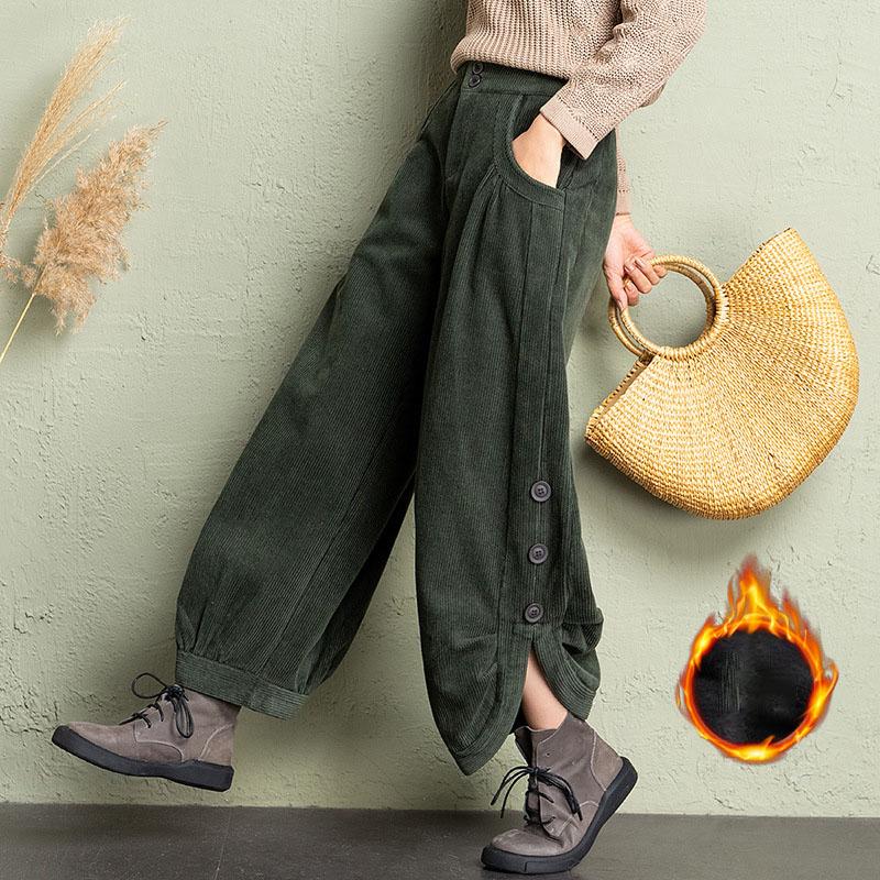 Зимние вельветовые брюки-шаровары из бархата с разрезом, винтажные мешковатые теплые женские брюки, повседневные брюки с высокой талией из плюша и плотной ткани длиной до щиколотки