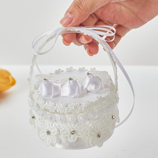 Белая кружевная коробочка для колец, держатель для свадебных колец с ручкой, кольцо с лентой и цветком