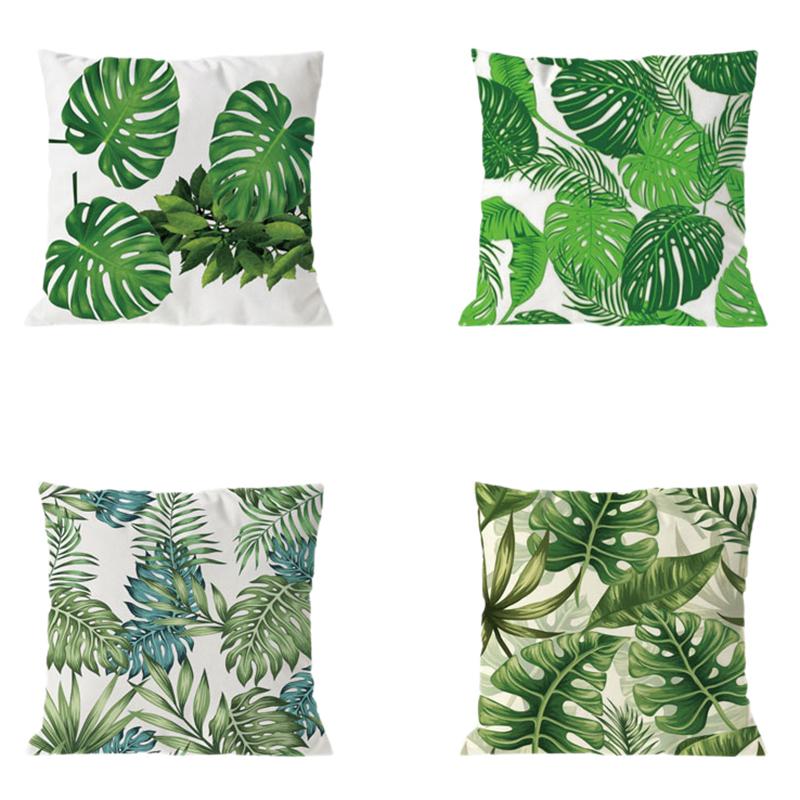 Good-4Pcs Plant Cushion Cover Tropic Tree Green Throw Pillow Cover Palm Leaf Decorative Pillows Flower Cushion Cover 45X45cm