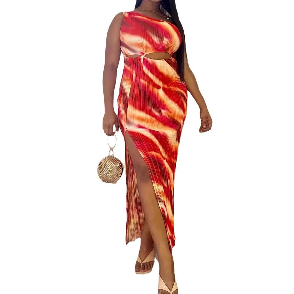 European and American new women's clothing slanted shoulder hollow hip-wrapped long dress slim-fitting printed split-ended dress