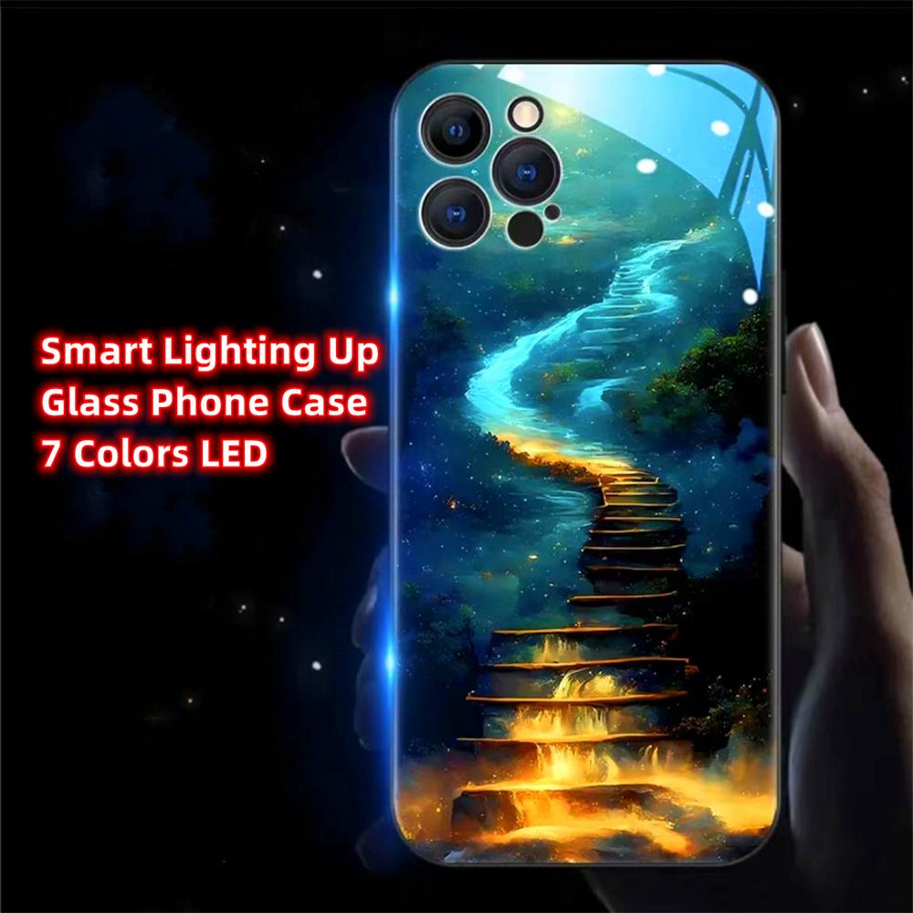 Luminous Phone Case Meteor Beach Luminous Glass LED Call Flash Phone Protective Case Suitable for IPhone