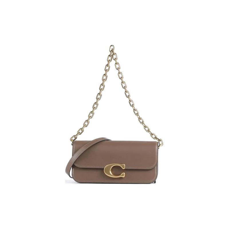 COACH IDOL 23 simple magnetic buckle opening and closing flip chain cow leather baguette bag handbag shoulder bag medium size women's dark stone gray