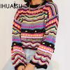 Women's Autumn Winter Patchwork Knit Loose Intercolour O-Neck Striped Sweater