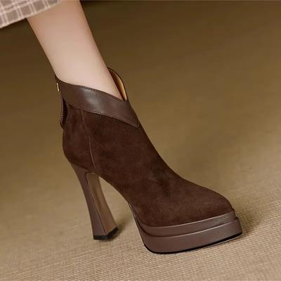 Модные Удобные Ботильоны на Высоком Каблуке с Острым Носком Водонепроницаемая Платформа Застежка-молния Сзади Коричневые V-образные Ботильоны из Флока Модный Ретро Стиль
