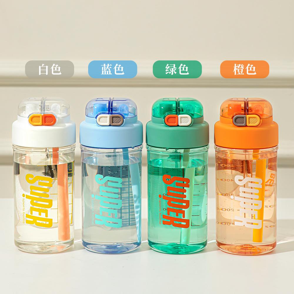 Water bottle New large-capacity portable straw plastic cup Student double drink sub-warehouse water cup Outdoor sports water cup with lifting rope