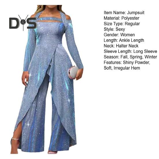 Женский комбинезон с вырезами и блестящими пайетками, с плотной талией, с бретелькой на шее, с широкими штанинами и длинными рукавами, с разрезом, нерегулярной длиной до щиколотки, женский комбинезон для выпускного вечера
