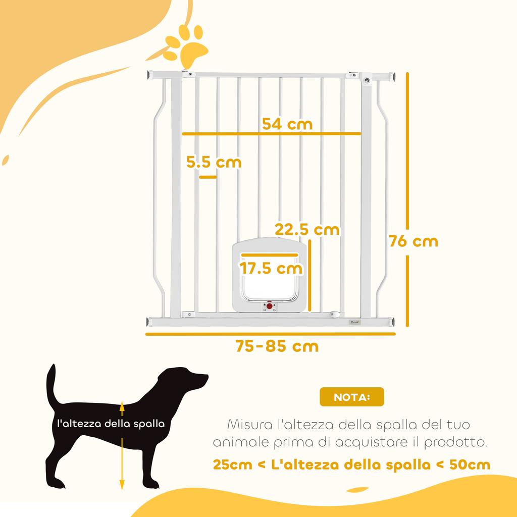 Extendable Dog and Cat Gate with Integrated Cat Flap, Made of Steel and ABS, 75-85x2x76 cm, White