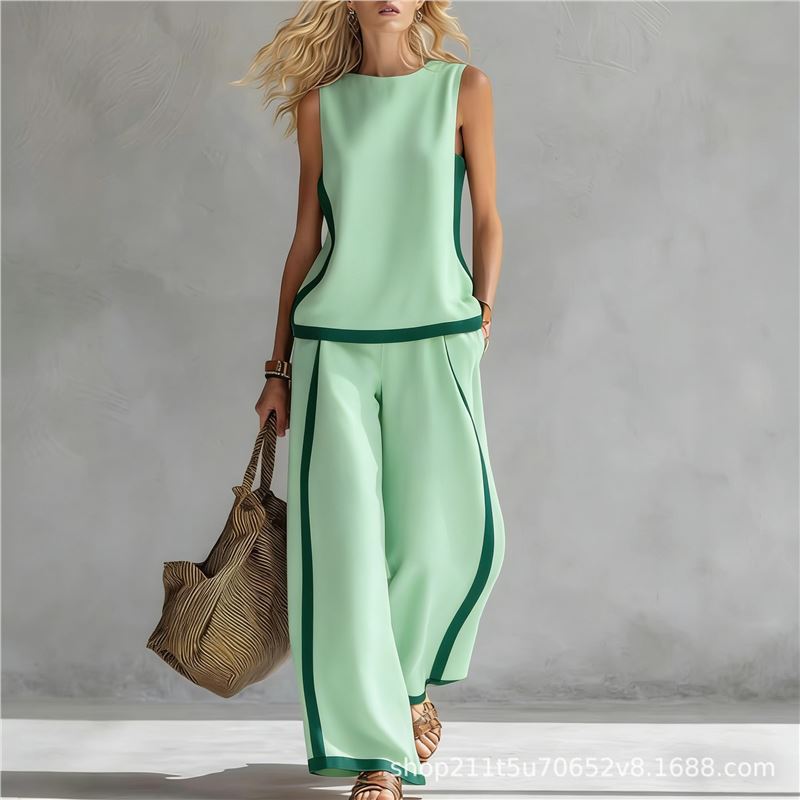 Casual suit Popular bohemian suit, contrasting color trimmed loose wide-leg pants two-piece set
