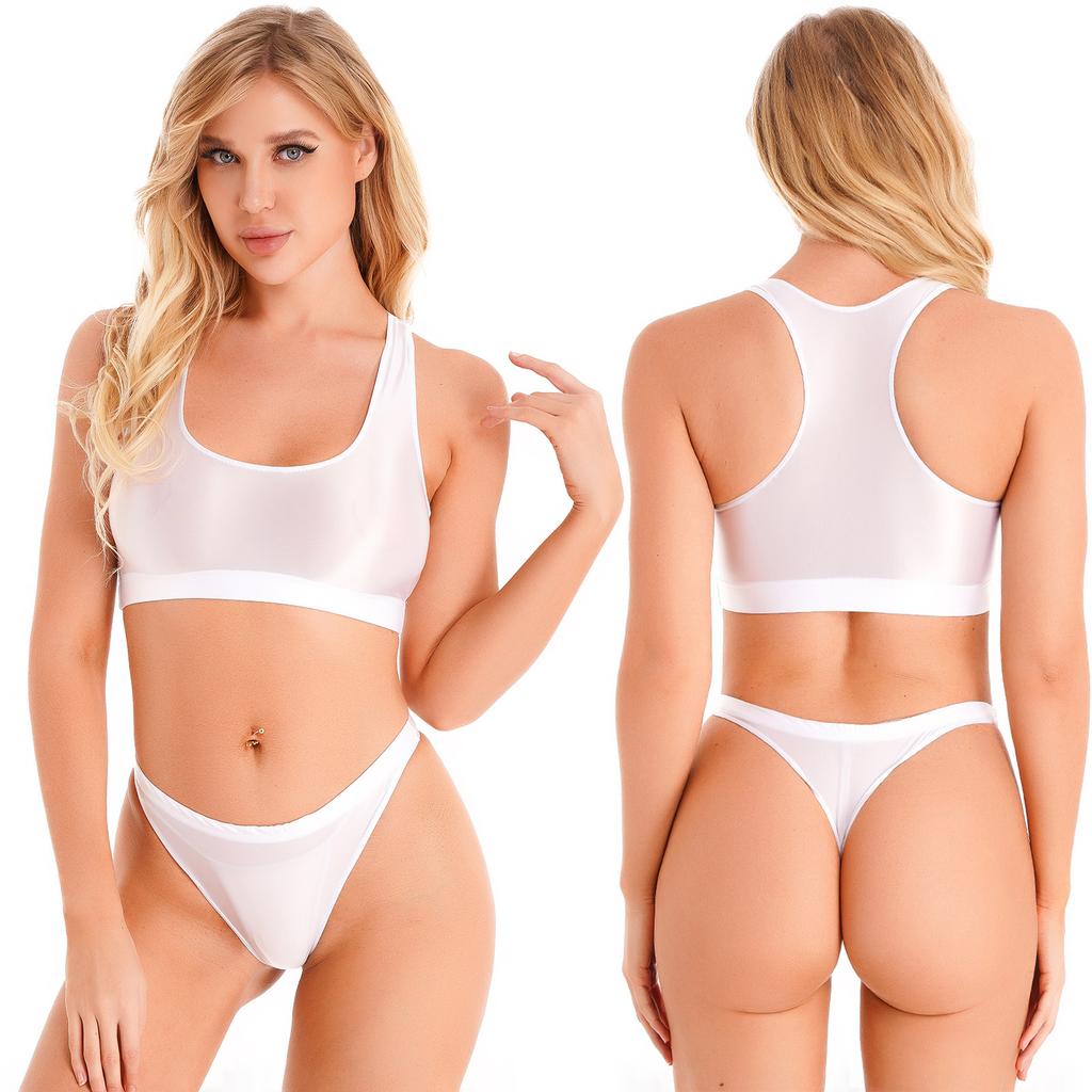 Dámské lesklé bez rukávů tílko s U výstřihem a kalhotky s nízkým pasem sportovní fitness plavkový set