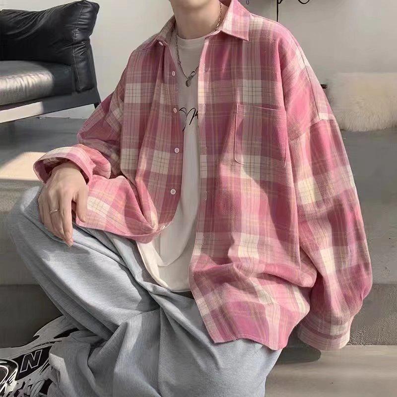 Корейская студенческая трендовая клетчатая рубашка свободного кроя: Унисекс куртка с длинным рукавом в гонконгском стиле