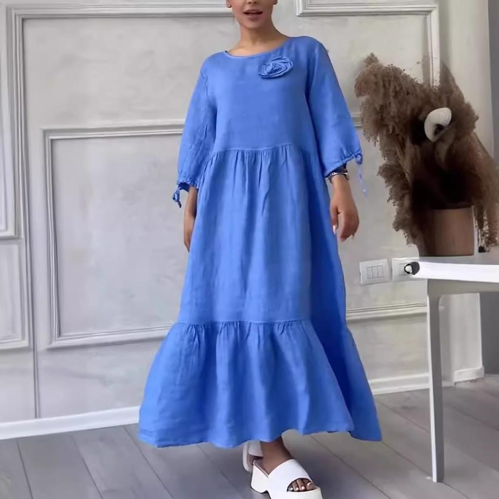 Женское однотонное повседневное длинное платье с круглым вырезом и длинными рукавами на шнуровке на шнуровке больших размеров