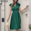 Women's Fashion Summer Spring Solid Color Print Short Sleeve V-Neck High Waist Casual Dresses