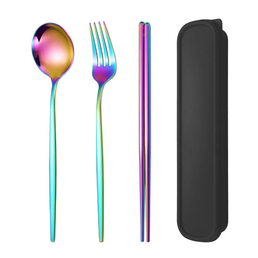 4 шт. Золотой портативный набор столовых приборов с коробкой ложка вилка палочки для еды набор из нержавеющей стали обеденная посуда кухонные принадлежности