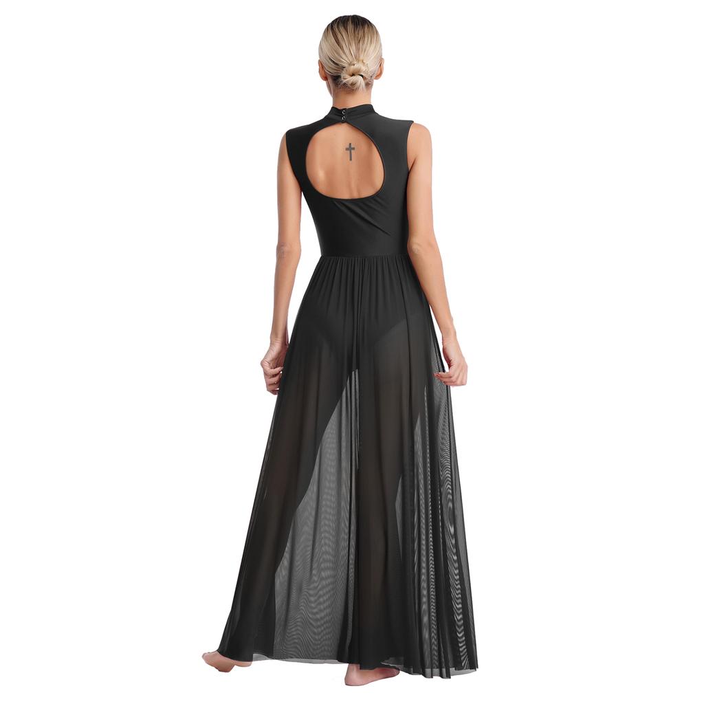 Women Long Dress Lyrical Modern Dance Sleeveless Open Back Twist Sheer Mesh Overlay Leotard Praise Liturgical Dancewear
