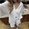 Summer Women's Loose Comfortable Two Piece Set White Shirt Cardigan Long Sleeve Towel Fabric Blouse For Casual Wear Stylish European American Design