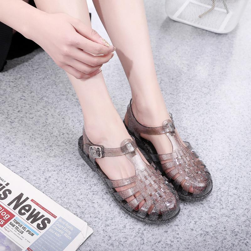 Hollow Out Bling Rainproof Jelly Sandals Women Summer Candy Shoes Woman Slippers Cover Toe Flat Femmes Sandales Pvc Sandalias