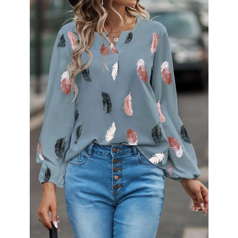 GMXIA Women's Spring Summer V-neck Feather Print Long Sleeve Loose T-shirt Top for Women