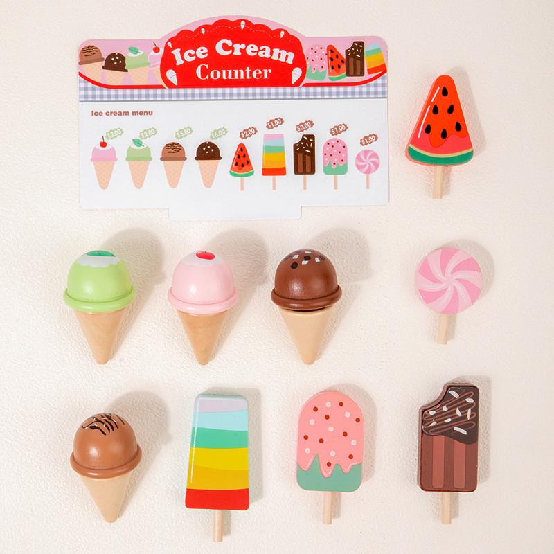 Wooden Ice Simulation Cream Vending Cabinet Model Children Toy Set For Gift