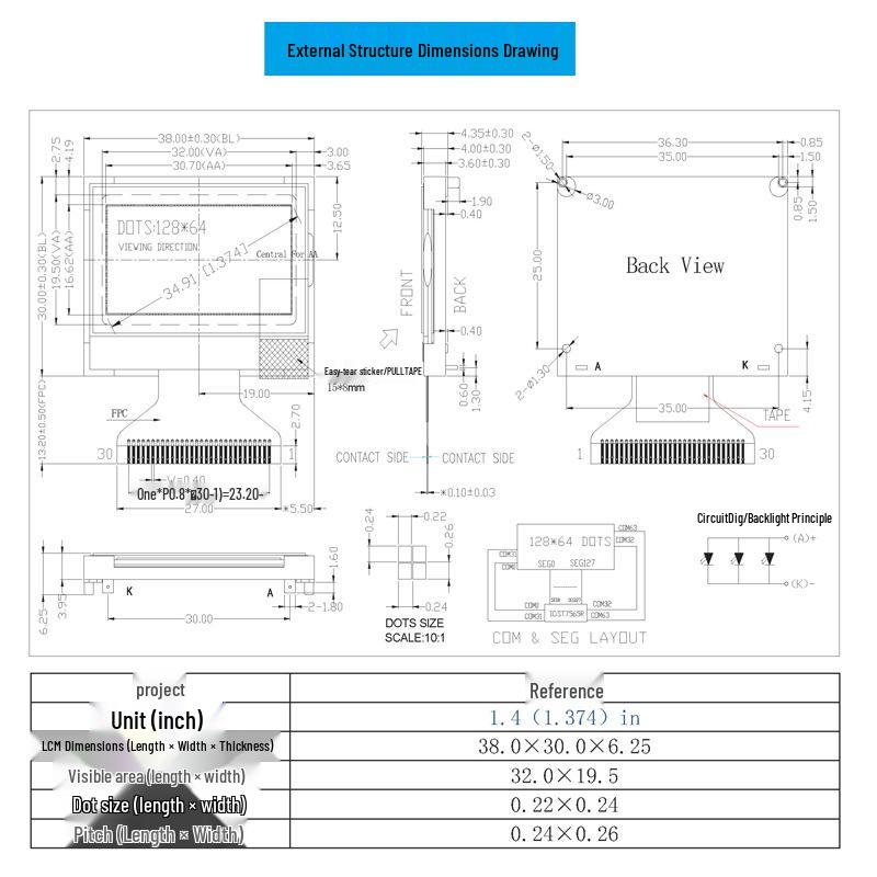 1.4" 128x64 LCD Display, COG Dot Matrix, Serial/Parallel Port, ST7567 Driver, 3.3V Low Power Consumption