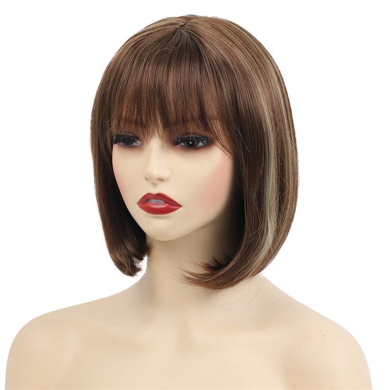 Synthetic Mix Brown Bob Wig Short Wig for Women Natural Style Soft Hair with Bangs Cosplay Halloween Party Heat Resistant Fiber