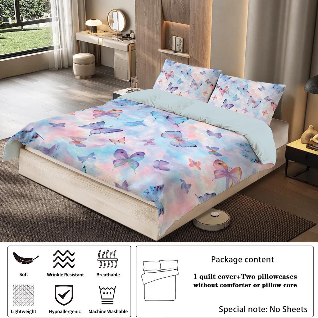 3pcs watercolor purple butterfly printed bedding set, soft and comfortable, for women bedroom, queen, king and twin bed