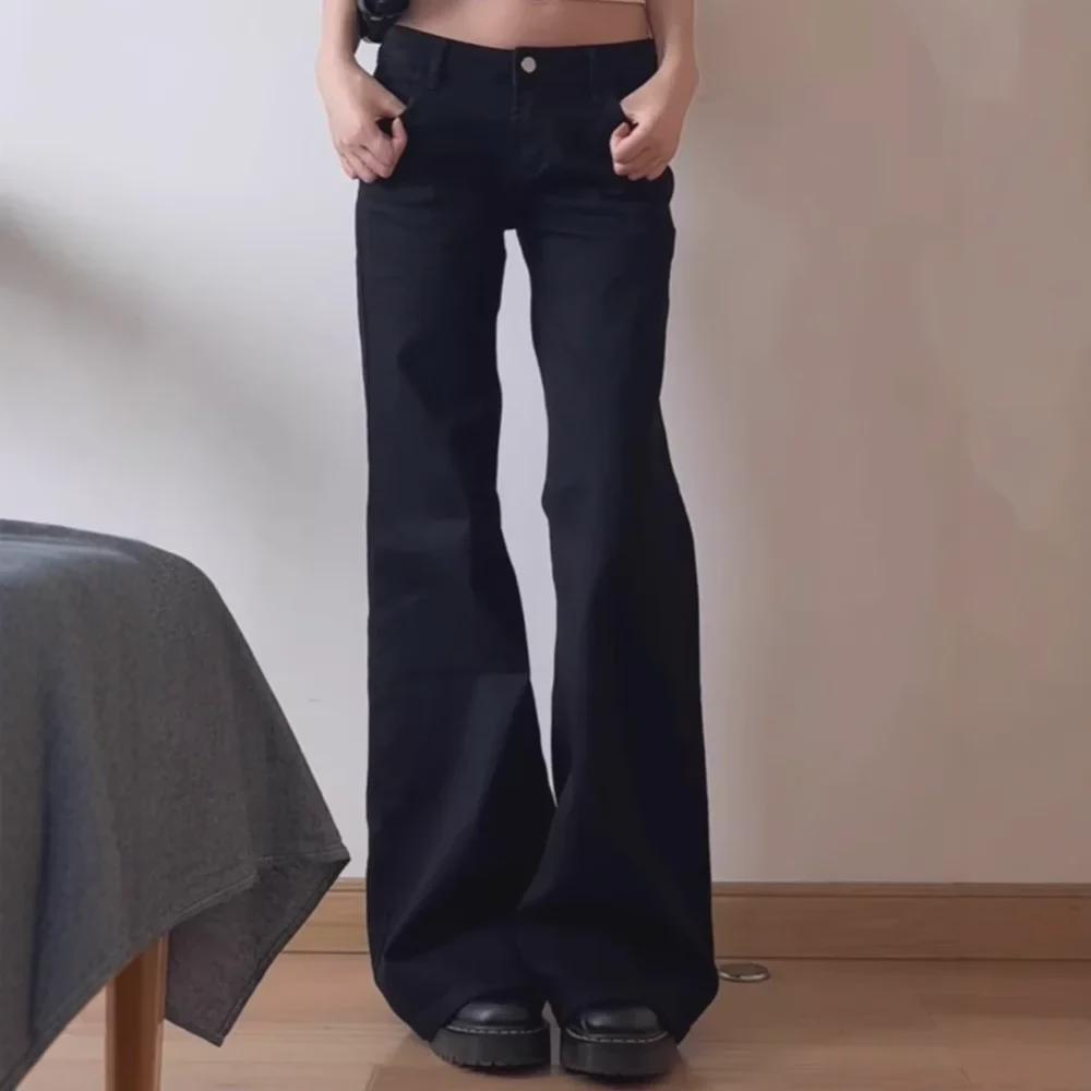 Женские широкие расклешенные джинсы большого размера черного цвета с заниженной талией - американский стиль, ранняя осень