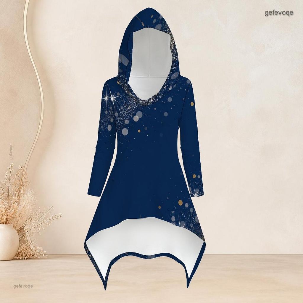 Women Plus Size Navy Blue Printed Hooded Long Sleeve High Low Top Fitted Pants Two Piece Set