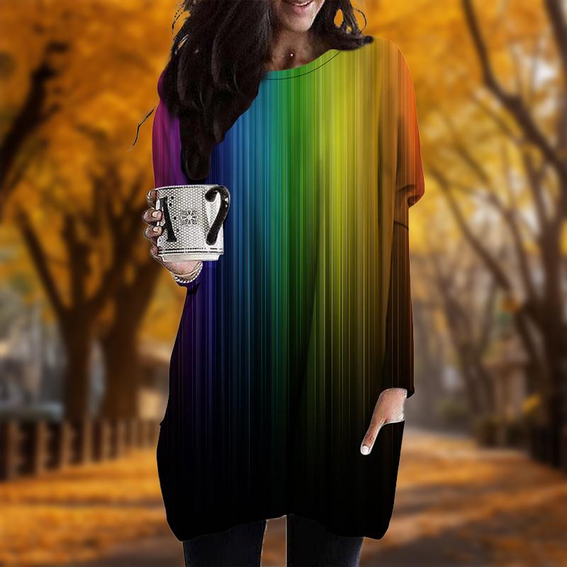 Новинка осени Цветной градиентный принт Плюс Размер Платье Женское O-образный вырез Длинные рукава Повседневные Карманные Платья