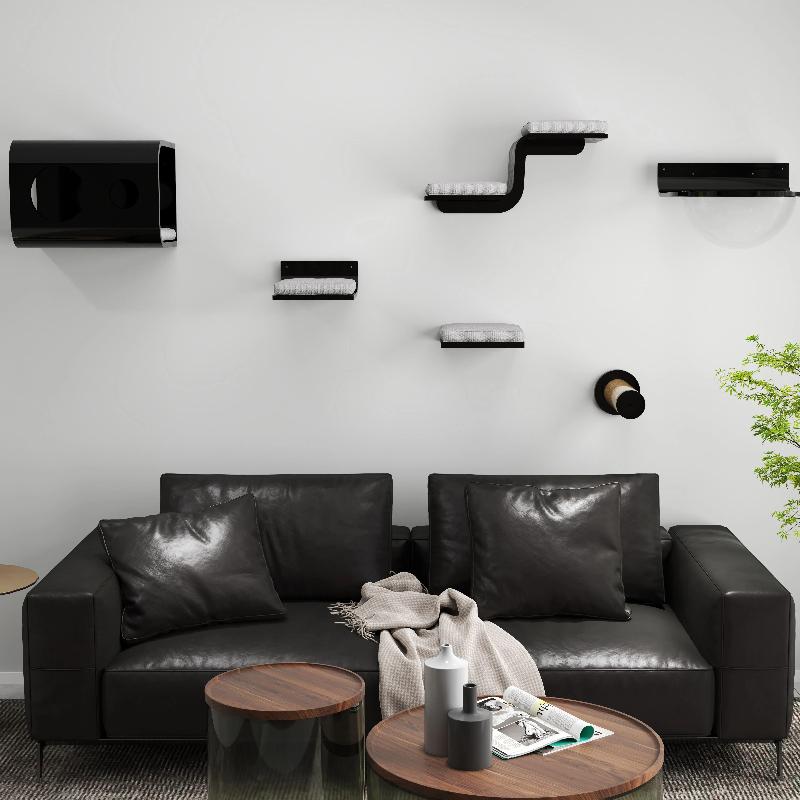 Black Wall Mounted Cat Shelves Solid Wood Floating Cats Perch for Balcony Modern Cat Wall Furniture Pet Climbing Wall System