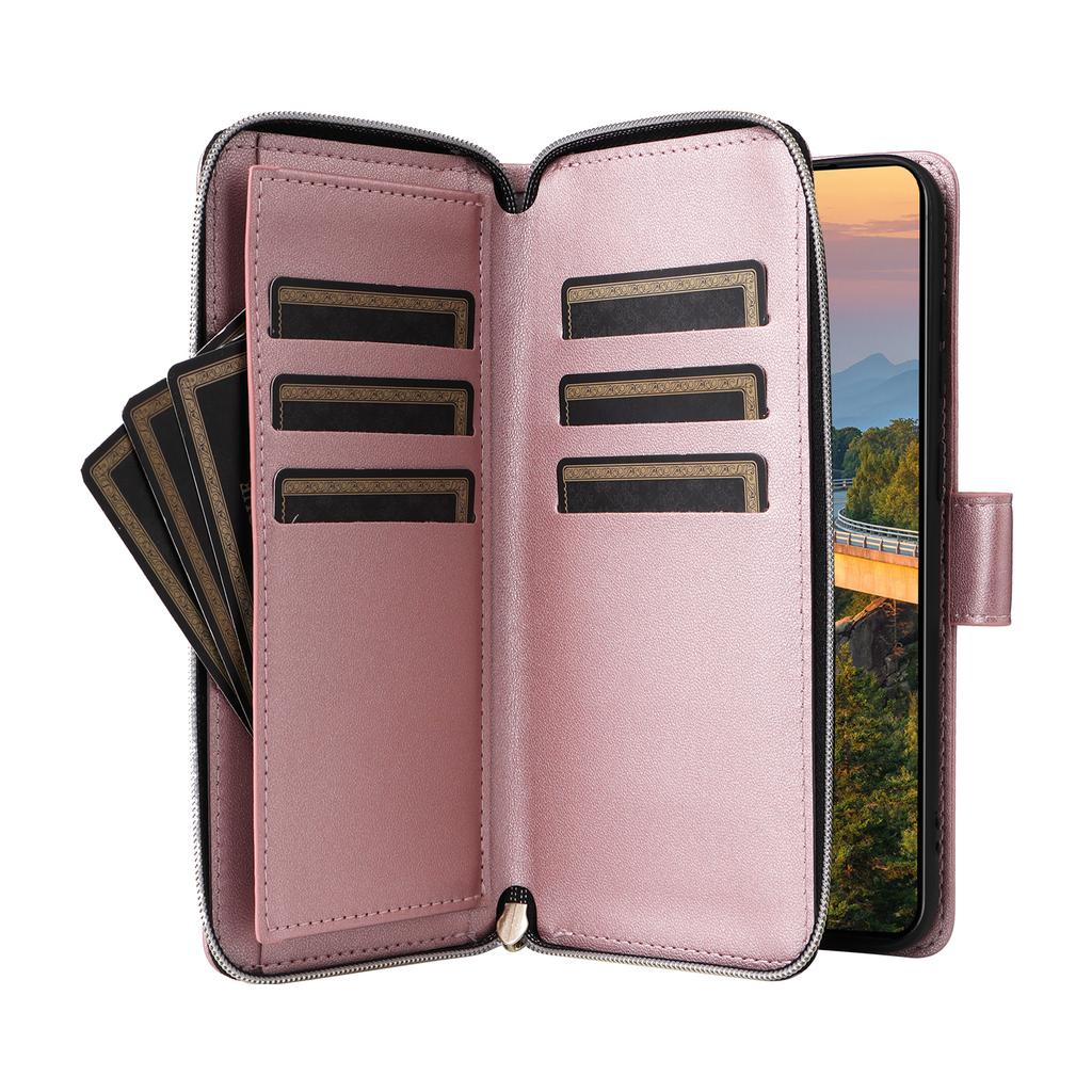 R20 For Samsung Galaxy S23+ Case Zipper Pocket Leather Phone Cover with 9 Card Slots