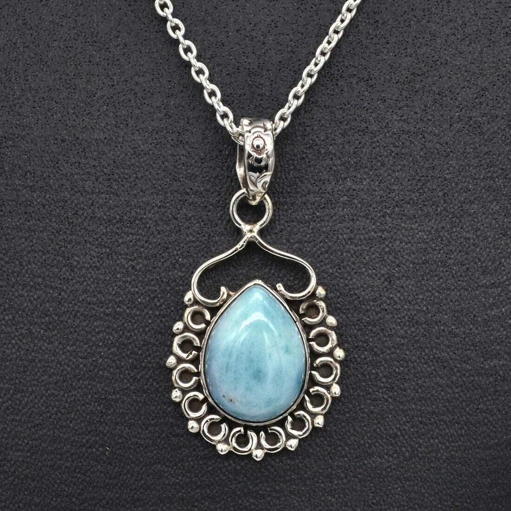 Ожерелье Ларимар, женские украшения, подарок для нее, эффектные украшения, свадебное ожерелье, серебряная цепочка, украшения ручной работы
