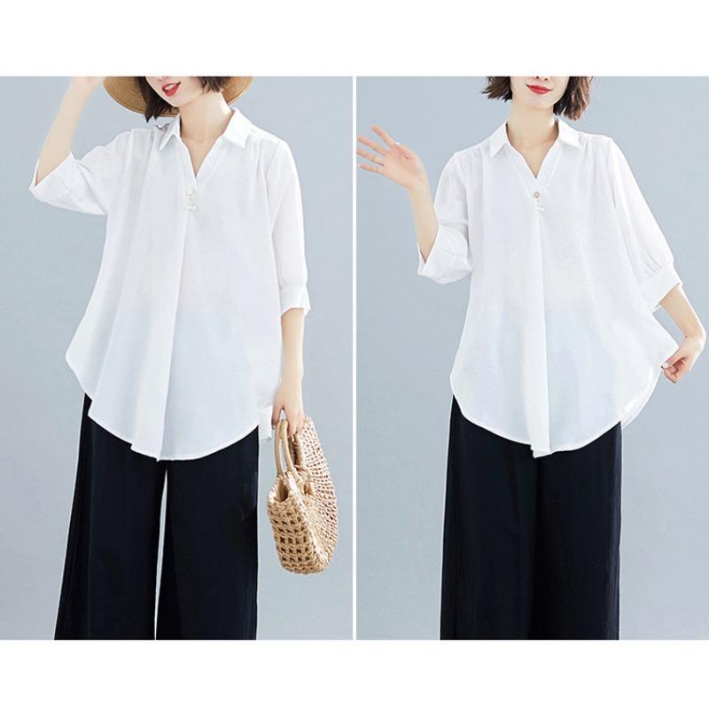 Летняя женская рубашка с короткими рукавами, элегантный V-образный вырез, нерегулярный хлопковый лен, удобный свободный повседневный дышащий топ