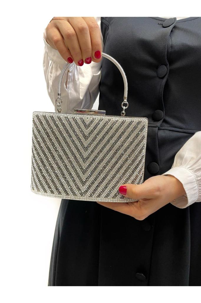 Women's Stylish and Useful Evening Dress Bag Women's Silver Triangle Patterned Evening Bag