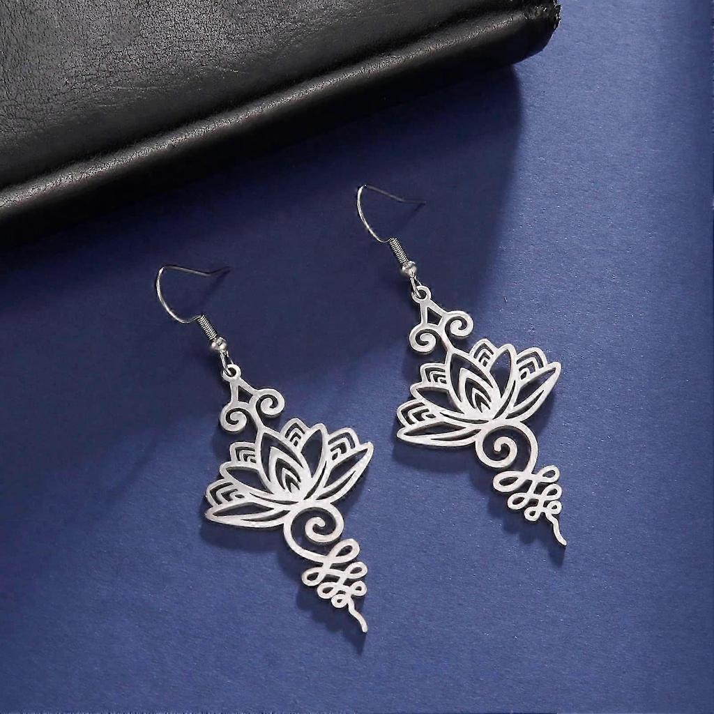 Lotus Flower Dangling Earrings for Women Yoga Healing Charms Unalome Symbol Amulet Stainless Steel Jewelry Lotus Flower Buddha Yoga Earrings