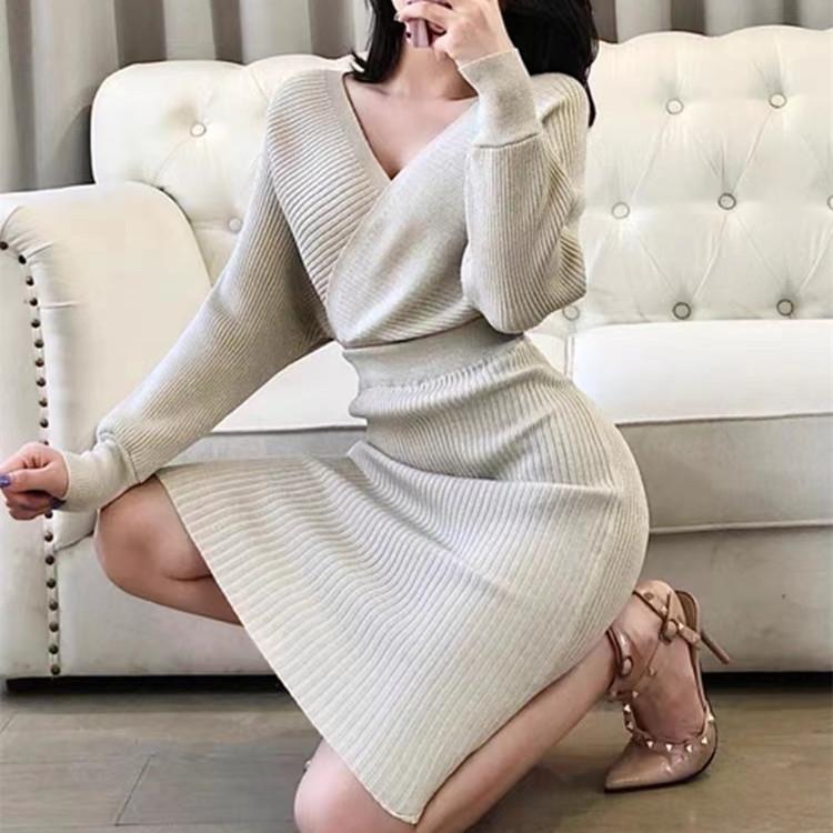 Весенний новый модный костюм в иностранном стиле с v-образным вырезом и рукавами «летучая мышь», вязаный свитер, женская юбка с высокой талией и запахом, комплект из двух предметов