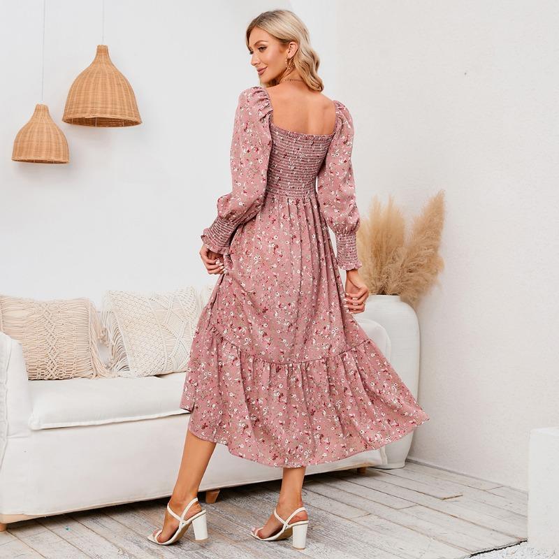 YYFS Women's Fashion Spring Fall Flower Pattern Print Long Sleeve Square Collar High Waist Casual Dresses