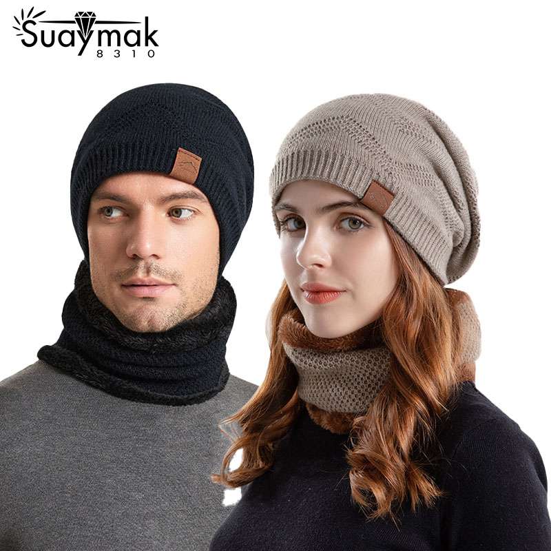 Cross-border Men's and Women's Same Hat Scarf Suit Korean Version Plus Velvet Pullover Cap Outdoor Warm Knitted Wool Cap