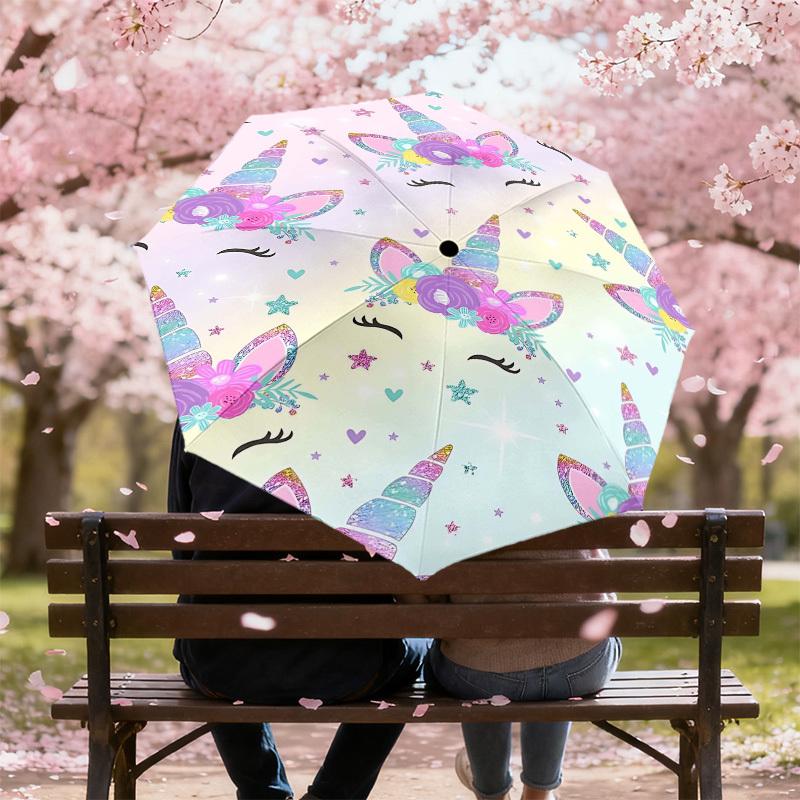 1PC Unicorn Flowers Umbrella-8-Rib Reinforced Portable Folding Travel Suitable for All Seasons Outdoor Daily Use-G322