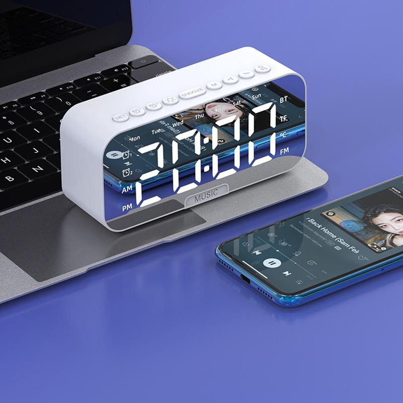 Будильник с Bluetooth-динамиком, зеркальным экраном, светодиодными цифровыми часами, температурой, FM-радио для спальни, офиса, декора, настольные часы, светодиодные