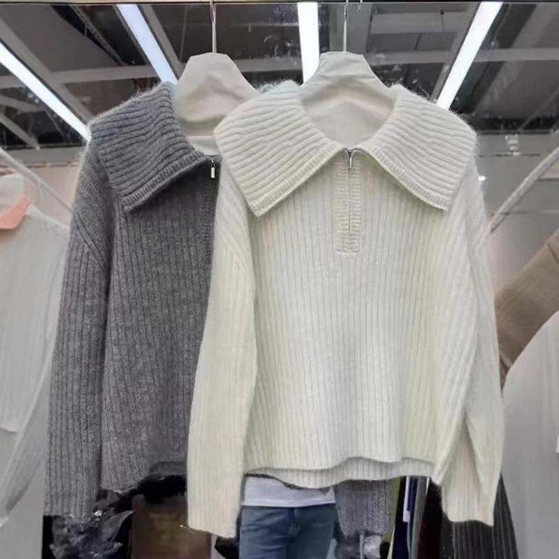 Утолщенный свободный дизайн полузастежка вязаный свитер топ ленивый стиль серый верблюжий шерстяной вязаный свитер женский